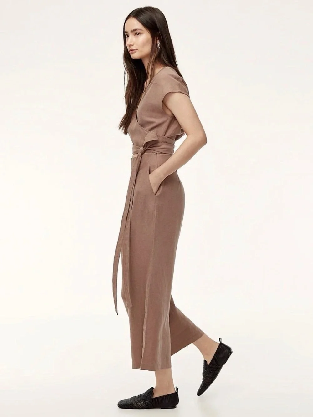 Wilfred Aritzia Women Size 0 Brax Linen Blend Jumpsuit Wrap Top Nutmeg Wide Leg